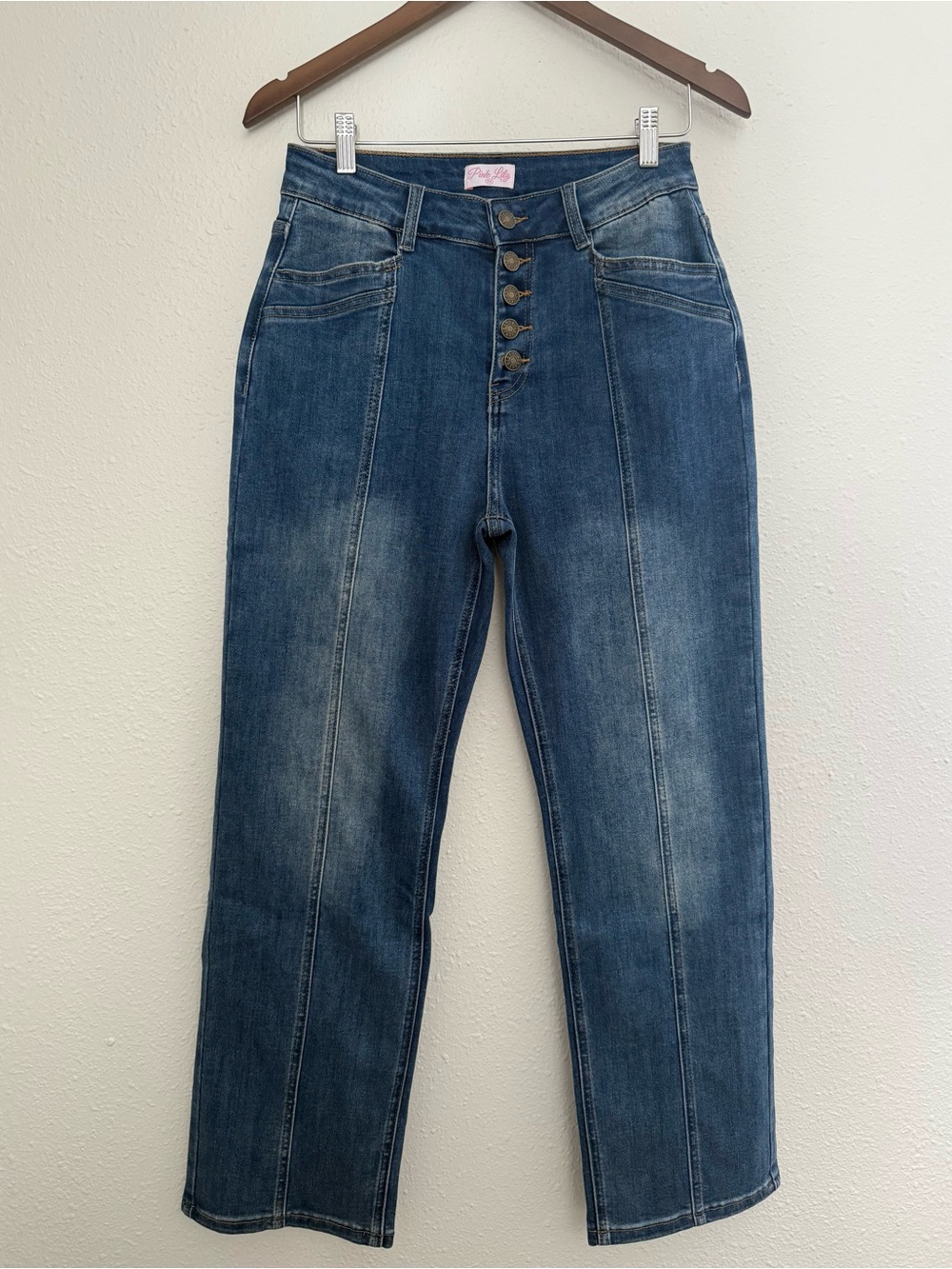 Pink Lily High Rise Straight Leg Jeans Button Fly Medium Wash Denim 28